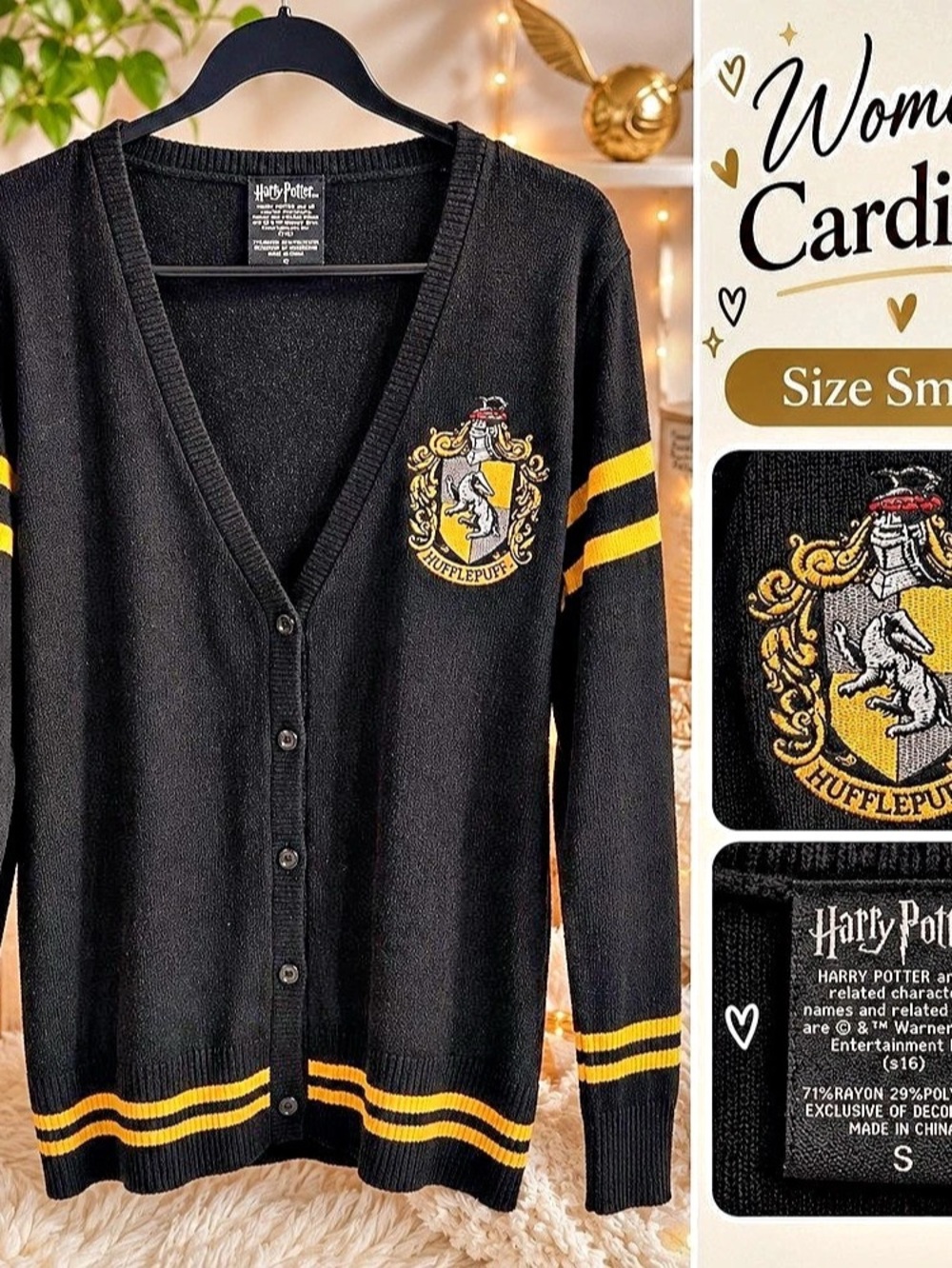 Harry Potter Ravenclaw Crest Cardigan Black & Yellow Size Small Like New